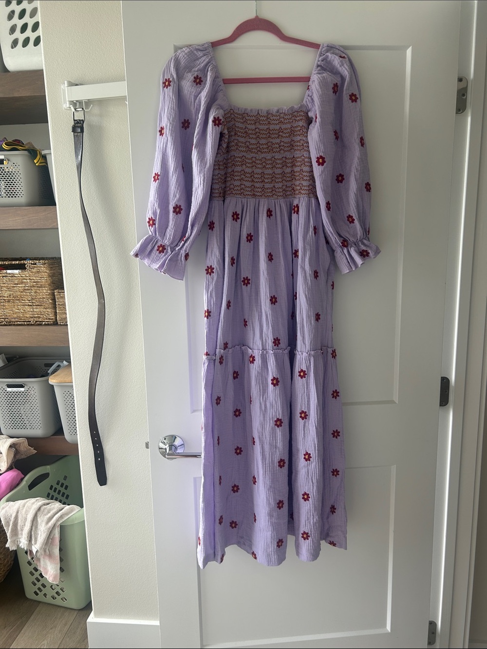 Lilac Floral Smocked Maxi Dress with pink and yellow Embroidery